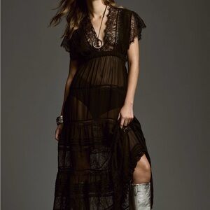 Anthropologie Black Sheer Lace Maxi Dress
